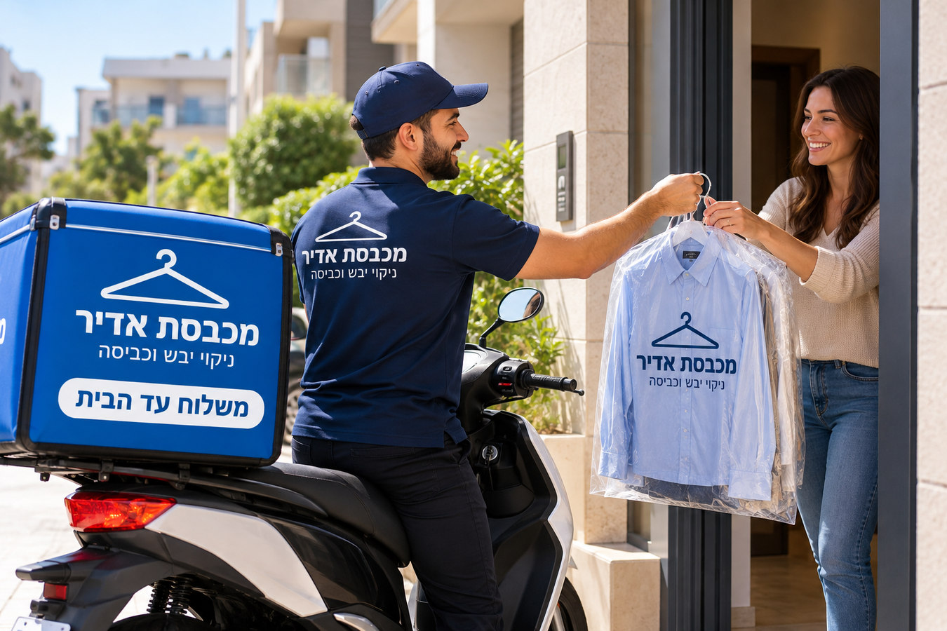 שליח מכבסת אדיר על קטנוע מוסר בגד נקי ללקוחה